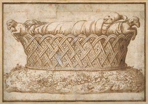 Tervezés csecsemősírhoz (toll és barna tinta barna mosással a papíron) alkotó: Giulio Romano