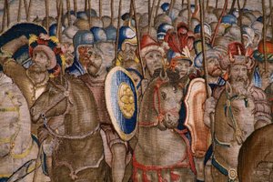 Flamand kárpit. Sorozat Scipio cselekedetei: A zamai csata. Giulio Romano karikaturista. Balthasar van Vlierden (?) műterme, Brüsszel. 1523-1532. Részlet. alkotó: Giulio Romano