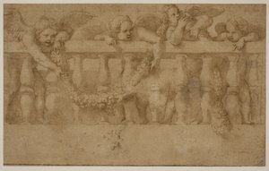 Négy szárnyas putti korlátot díszítő füzérekkel alkotó: Giulio Romano
