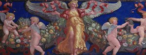 Frizek a Camera con Fregio di Amorini Ámor kamrájából Frízrészlet egy angyalról aranyruhában, széttárt szárnyakkal, 1520-as évek freskója alkotó: Giulio Romano