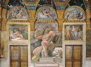 Olympia elcsábította Jupiter, Polyphemus őrzi Acist és Galateát, Pasiphae belép a Daedalus által épített tehénbe a Sala di Amore e Psiche-ből alkotó: Giulio Romano