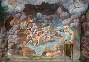 Sala dei Giganti, részlet az óriások Jupiters villámcsapásai általi elpusztításáról, 1536 freskó részlet a 78482-ből alkotó: Giulio Romano