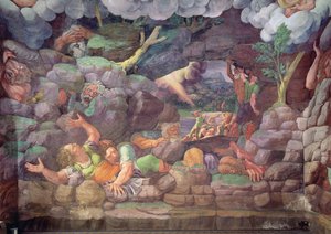Sala dei Giganti, részlet az óriások Jupiters villámcsapásai általi elpusztításáról, 1536 freskó részlet a 78482-ből alkotó: Giulio Romano
