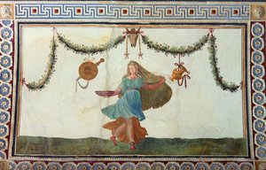 A Camera con Fregio di Amorini Ámor fríz kamrája a mennyezet részlete egy tálat tartó nőt ábrázol, 1520-as évek freskója alkotó: Giulio Romano