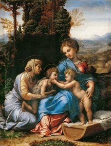 A Szent Család Keresztelő Jánossal fiúként és Szent Erzsébet La Petite Sainte Famille alkotó: Giulio Romano