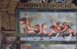 A rusztikus bankett, putti zenélés részlete, a Sala di Amore e Psiche-ből, 1528 freskórészlet a 78428-ból alkotó: Giulio Romano