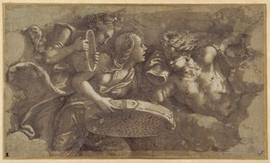 Vestal Tuccia szitával (toll és barna tinta barna mosással a papíron) alkotó: Giulio Romano