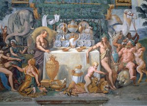 Ámor és Psyche házasságát ünneplő nemesi lakoma, 1528-as Sala di Amore e Psiche-ből származó részlet, amelyen Dionysius és Silenus látható a vacsoraasztaltól jobbra.