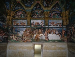 Esküvői lakoma vagy istenek bankettje, Giulio Romano (1499-1546) freskója, Ámor és Psyche Kamara nyugati fala, Palazzo Te, Mantova (UNESCO Világörökségi Lista, 2008), Lombardia, Olaszország alkotó: Giulio Romano