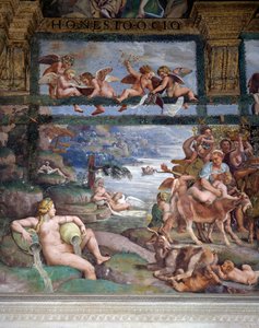 Esküvői lakoma vagy istenek bankettje, Giulio Romano (1499-1546) freskója, Ámor és Psyche Kamara nyugati fala, Palazzo Te, Mantova (UNESCO Világörökségi Lista, 2008), Lombardia, Olaszország alkotó: Giulio Romano