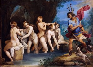 Diana és Actaeon - Giuseppe Cesari (1568-1640) festménye, olaj, réz, 1604 körül, 50x69 cm - Diana és Actaeon, Giuseppe Cesari olaj, réz - Szepmuveszeti Múzeum, Budapest