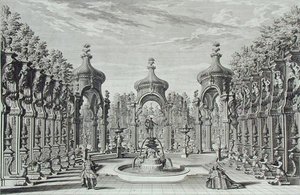 Tervezet egy kertben való szórakozáshoz, az "Architectus Theatralis Primarius"-ból, Johann Andreas Pfeffel (1674-1748) metszete, megjelent 1740-ben (metszet). alkotó: Giuseppe Bibiena