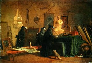 Ínyencek farsangi jelmezben belső térben képekkel és művészet és tudomány tárgyaival (olaj, papír, vászonra fektetve) alkotó: Giuseppe Bernardino Bison