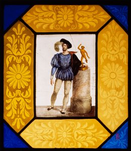 Giuseppe Bertini (1825-1898) Giambolognának öltözött Mauro Gandolfi szobrász, tűzre festett üveg 49x42 cm, Olaszország