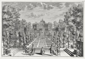 Opera díszlete a kertben, az Architectus Theatralis Primariusból, Johann Andreas Pfeffel (1674-1748) metszete, megjelent 1740 alkotó: Giuseppe Bibiena