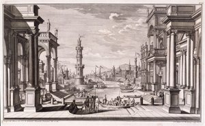 Kis kikötő barokk stílusú oszlopokkal, az „Architectus Theatralis Primarius”-ból, 1740-ben alkotó: Giuseppe Bibiena