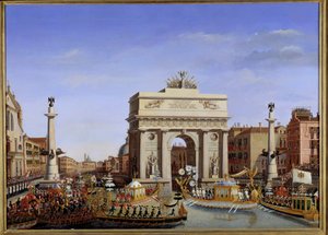 I. Napóleon velencei látogatása 1807. november 28-tól december 8-ig: a Császár bejárata gondolában a Canal Grande felvonulásán. Giuseppe Borsato (1771-1849) festménye 19. század V. 0,65x0,90 m. - Napóleon velencei látogatása 28-tól Sz
