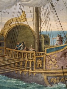Szent Paula (Santa Paola Romana, 347-406,) indul a Szentföldre, a hajó részlete. 33 évesen megözvegyült, követte Szent Jeromost, és lányával, Szent Eusztochiummal együtt 385-ben zarándoklatra indult vele a Szentföldre. Giusep festménye
