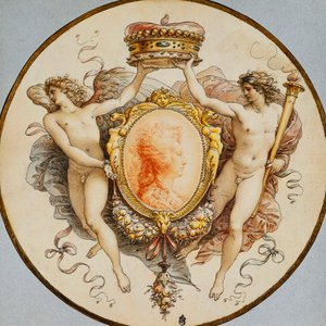 Ovális profilú női portré groteszkek és szajré díszítő szegéllyel, mellette a hírnév és a győzelem allegorikus alakjai koronettával,