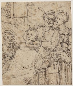 Három karneválba/commedia del arte ruhába öltözött ember egy fodrászatban gúnyolódik egy vásárlón
