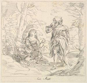 Ülő nő és szakállas férfi egy tájban, 1740-1802.