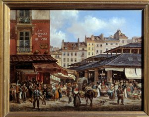 A párizsi Halles látképe Giuseppe Canella (1788-1847) festménye kartonra 1828. Méret: 0,14 x 0,19 m Párizs, Musee Carnavalet