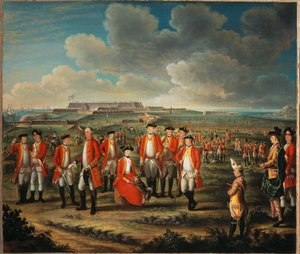 Lady Louisa Lennox férje ezredével, a 25. gyalogezreddel, mellette Lord George Lennoxszal és a háttérben a Port Mahon-i Fort St Philip-vel, 1771 körül alkotó: Giuseppe Chiesa