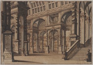 Monumentális boltíves terem lépcsővel, 18. század második negyede. alkotó: Giuseppe Galli Bibiena