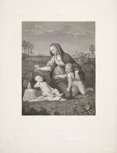 Mária gyermekével és az ifjú Keresztelő János egy tájban Madonna del Velo alkotó: Giuseppe Longhi