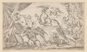 Aeneas és társai harcolnak a hárpiákkal Arpijae celebri lapsu de montibus adsunt (cím a tárgyon) Aeneas vándorlásai (sorozat címe) L