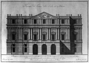 Giuseppe Piermarini (1734-1808) rajza a milánói Teatro alla Scala (Theatre de la Scala) homlokzatának külső építészetéről. alkotó: Giuseppe Piermarini
