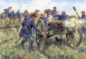 Amerikai polgárháború: Észak (Unió) katonái ágyút használnak egy csata során - Illusztráció: Giuseppe Rava alkotó: Giuseppe Rava