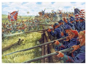 Amerikai polgárháború: csata a szürke (a bal oldalon a konföderáció katonái) és a kék (az Unió katonái) és a kék (az Unió katonái) között - Illusztráció: Giuseppe Rava alkotó: Giuseppe Rava