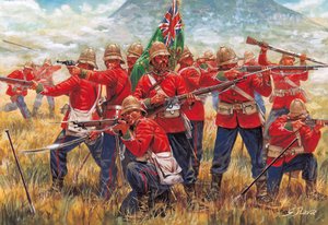Angol-zulu háború: a brit birodalom katonái az isandhlwanai (Isandlwana vagy Isandula) csatában Dél-Afrikában, 1879. január 22. - Angol-zulu háború: a brit birodalom katonái, az isandlwanai csata 1879. január 22-én - Giuseppe Rava illusztrációja. alkotó: Giuseppe Rava