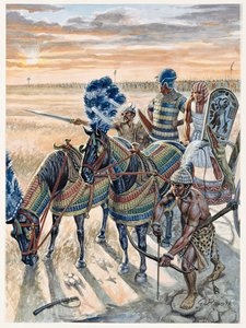 Egyiptomi antikvitás: II Ramszesz fáraó (Kr. e. 1304-1213) és serege - II Ramszesz fáraó (Kr. e. 1303-1213) és serege az ókori Egyiptomban - Illusztráció: Giuseppe Rava alkotó: Giuseppe Rava