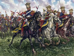 Első birodalom: a császári gárda Vörös Lándzsások vagy Ló-lovas ezrede a waterlooi csatában 18/06/1815 - Első birodalom: a császári gárda 2. könnyűlovas-lovas ezrede (Vörös Lándzsások vagy Vörös Lándzsások) a wa-i csatában alkotó: Giuseppe Rava