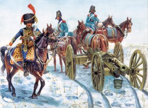Első birodalom (1804-1814): a Nagy Hadsereg tüzérségének vontatása a hóban - Első birodalom: a Nagy Hadsereg lovasságának tüzérségének vontatása a hóban - Illusztráció: Giuseppe Rava alkotó: Giuseppe Rava