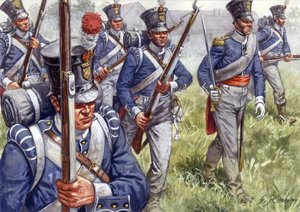 Első birodalom: belga vagy holland gyalogság 1815 körül - Első birodalom: belga vagy holland gyalogság - Illusztráció: Giuseppe Rava alkotó: Giuseppe Rava
