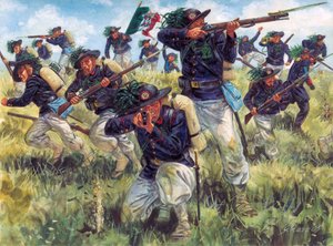 1859-es olasz hadjárat (második olasz függetlenségi háború): az olasz hadsereg bersaglieri (bersaglierek) akcióban - Második olasz függetlenségi háború (francia-osztrák háború, osztrák-szardíniai háború, osztrák-piemonti háború vagy 1859-es olasz háború):  alkotó: Giuseppe Rava