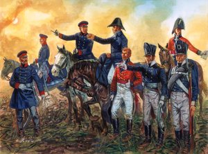 Napóleoni háború: Arthur Wellesley, Wellington hercege (1769-1852) a brit csapatok parancsnoka és Gebhard Leberecht von Blucher (1742-1819) a porosz hadsereg parancsnoka a waterlooi csatában 18/06/1815 - (Napóleoni háborúk: parancsnokok Wellington hercege  alkotó: Giuseppe Rava