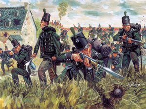Napóleoni háború: A 95. lövészezred brit lövészei egy homokbányát védenek a waterlooi csatában 18/06/1815 - (Napóleoni háborúk: brit lövészei egy homokbányát védenek a waterlooi csatában 1815. június 18-án) Illusztráció: Giusep alkotó: Giuseppe Rava