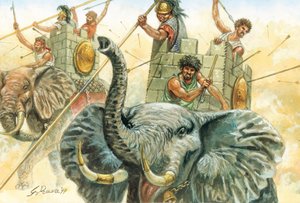 Római antikvitás: Hannibál elefántjai - az elefántok ábrázolása, amelyek segítségével Hannibál tábornok (Kr. e. 247-183) Kr. e. 218-ban, a második pun háború idején átkelt az Alpokon Illusztráció: Giuseppe Rava