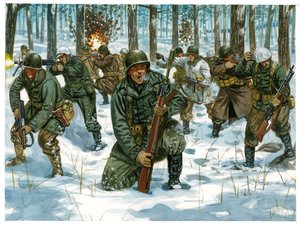 Második világháború: Amerikai gyalogsági offenzíva az ardenneki csatában Bastogne-ban, 1944 decemberében - Második világháború: amerikai offenzíva az ardenneki csatában, 1944 decemberében - Illusztráció: Giuseppe Rava alkotó: Giuseppe Rava