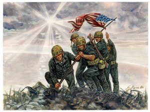 Második világháború, csendes-óceáni háború: Iwo Jima-i csata, az amerikai tengerészgyalogság győzelme 1945 februárjában - II. világháború, csendes-óceáni háború: Iwo Jima-i csata (Különítmény hadművelet), az amerikai tengerészgyalogosok felvonják az amerik alkotó: Giuseppe Rava