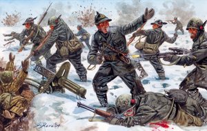 Második világháború, orosz front: Világháború, orosz front: olasz alpesi vadászok Oroszországban, 1943 januárjában - Illustration by Giuseppe Rava alkotó: Giuseppe Rava
