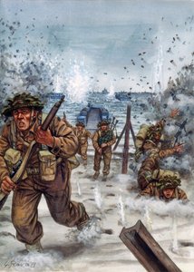 Második világháború: Skót katonák a normandiai partraszállás során 1944. június 6. - II. világháború, D-nap: Skót katonák a normandiai partraszállás napján, 1944. június 6. - Giuseppe Rava illusztrációja. alkotó: Giuseppe Rava