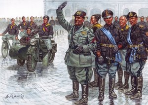 A Duce Benito Mussolini (1883-1945), a feketeingesek (Camicie nere) kíséretében, fasiszta üdvözletet mond egy katonai felvonuláson - Benito Mussolini és a feketeingesek egy katonai felvonuláson - Giuseppe Rava illusztrációja. alkotó: Giuseppe Rava