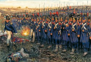 A középső gárda támadása Wellington központja ellen a waterlooi csatában 1815. június 18-án "I. Napóleon (1769-1821) császári gárdája Wellington herceg csapatai ellen a waterlooi csatában". alkotó: Giuseppe Rava