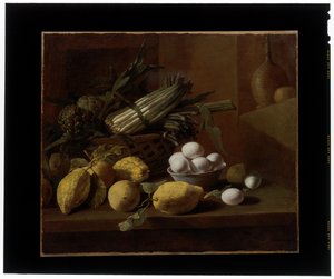 Kitchen Still Life with Artichokes, Asparagus, Lemons and Eggs