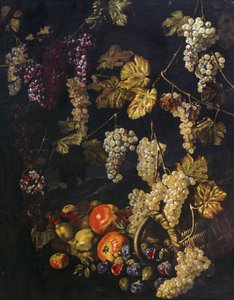 Csendélet szőlővel, szőlőlevéllel és más gyümölccsel, Giuseppe Recco (1634-1695) olajfestménye